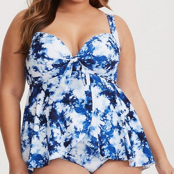 Torrid Tie Dye Blue White Skirted One Piece M 10